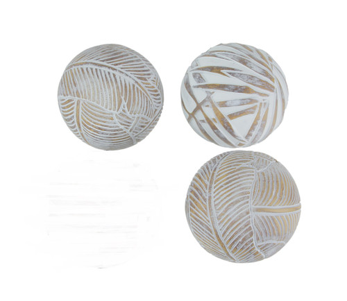 Whitewashed Tropical Leaf Wood Look Decor Balls Set of 3 Main image