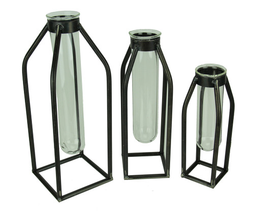 Modern Art Glass Tube Bud Vase with Metal Cage Frame Set of 3 Main image