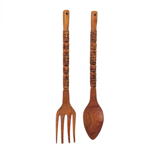 30 Inch Carved Tiki Spoon & Fork Wooden Wall Decor Utensil Set Main image