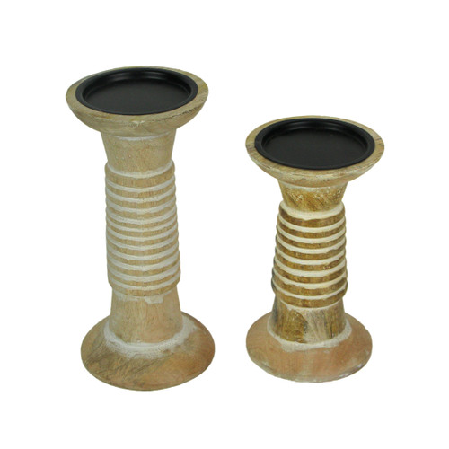 Set of 2 Wood Pedestal Candle Holders Rustic White Washed Pillar Centerpieces Main image