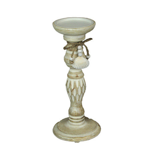 11 Inch Wood Pedestal Candle Holder Rustic White Washed Pillar With Sea Shells Main image