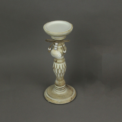 11 Inch Wood Pedestal Candle Holder Rustic White Washed Pillar With Sea Shells Additional image