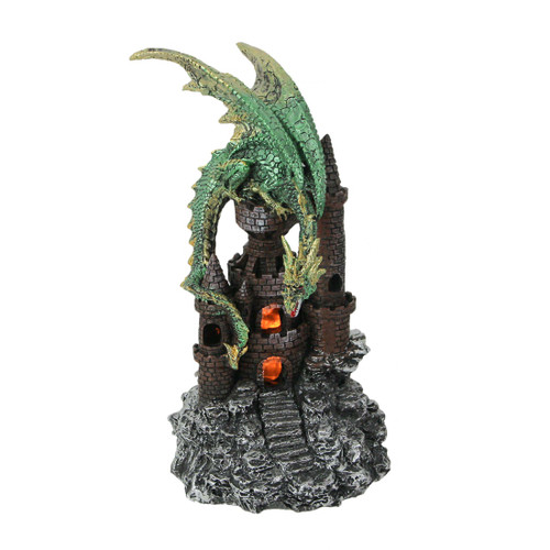 Glittery Green and Gold Wicked Dragon On Castle LED Accented Statue Main image