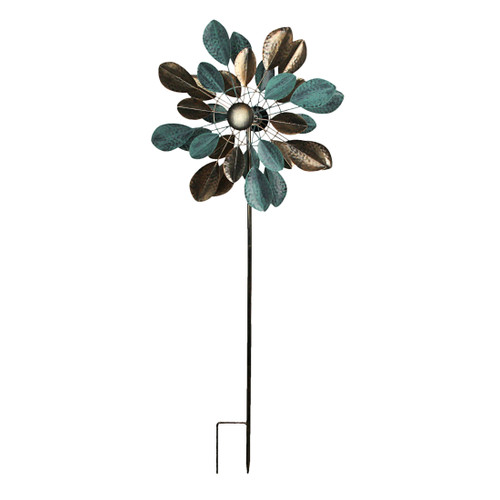 Copper and Verdigris Leaf-Shaped Double Pinwheel Wind Spinner Garden Stake 63 Inches Main image