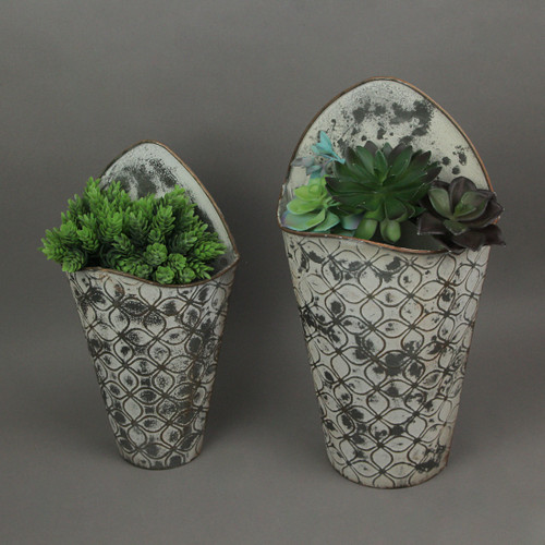 Antiqued Gray Enamel Painted Embossed Metal Wall Pockets Set of 2 Additional image