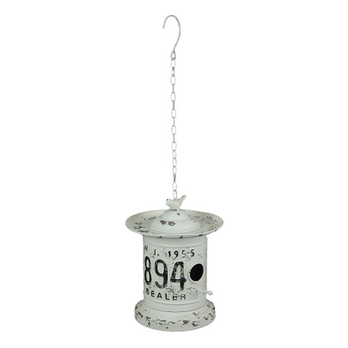 Antiqued White and Black Vintage License Plate Design Metal Hanging Birdhouse / Birdfeeder Main image