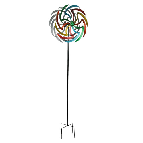 Colorful Anodized Finish Dual Flower Metal Wind Spinner Garden Stake 70 Inches Main image