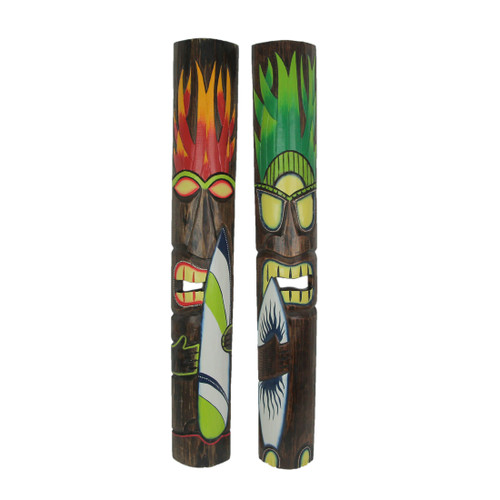 Elemental Fire and Earth Hand Crafted Wooden Surfer Tiki Wall Masks 39 Inch Set of 2 Main image