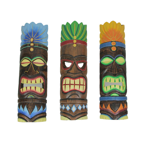 Set of 3 Brightly Painted Hand Carved Elemental Tiki Style Wall Masks 20 Inches Main image