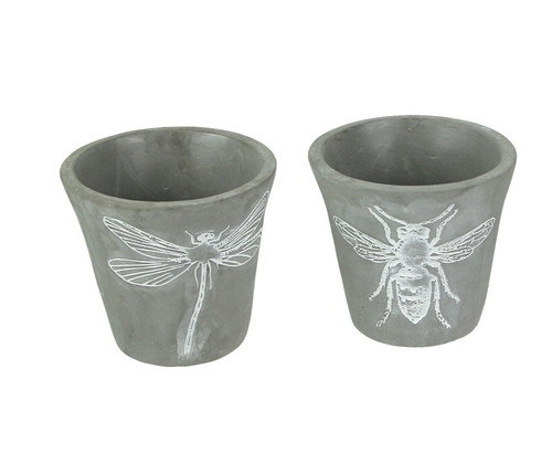 Set of 2 Cement Planters Bee Dragonfly Decorative Flower Plant Pot Main image