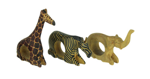 Set of 3 Hand Carved African Wild Animal Napkin Rings Main image
