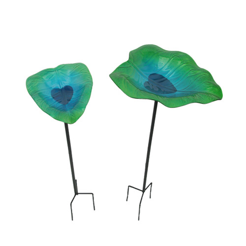 Set of 2 Green Blue Glass Leaf Bird Bath Garden Stakes Outdoor Home Yard Decor Main image