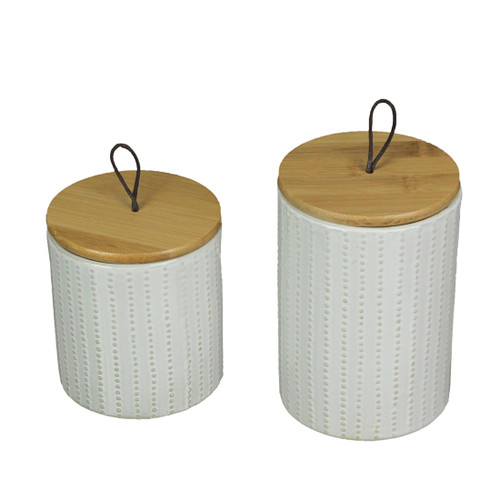 Set of 2 White Ceramic Jars With Wood Lids Decorative Kitchen Counter Canisters Main image