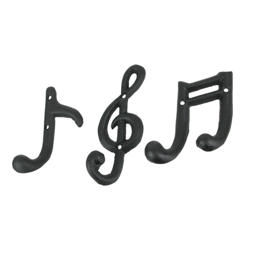 Set of 3 Black Cast Iron Musical Note Wall Hooks Decorative Music Room Decor Main image