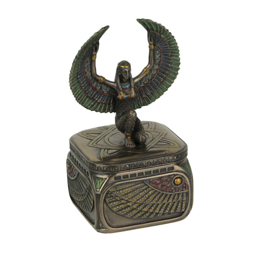 Bronze Finish Egyptian Winged Goddess Isis Trinket Box Hand Painted Accents Main image