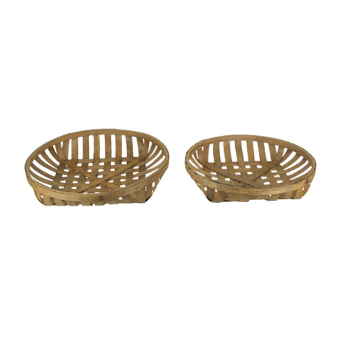 Round Natural Woven Wood Tobacco Basket Tray Decorative Serving Display Set of 2 Main image