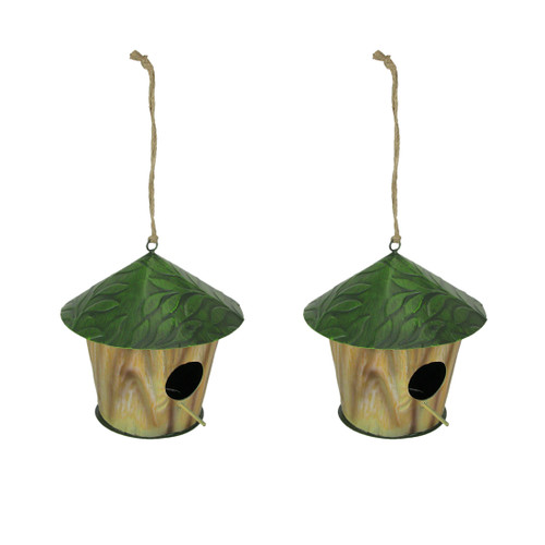 Set of 2 Metal Green Leaf Tree Hanging Bird House Outdoor Garden Decor Yard Art Main image