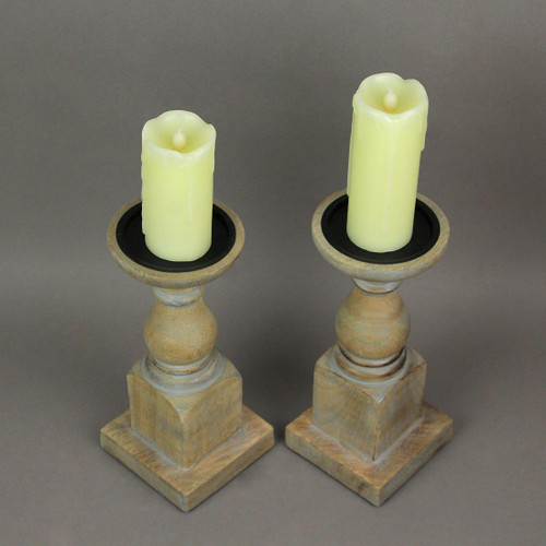Set of 2 Grey Washed Wooden Pedestal Candle Holders Rustic Centerpiece Decor Additional image