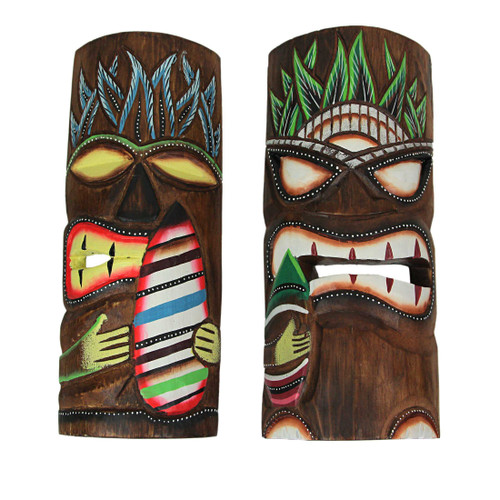 12 Inch Hand Carved Wooden Surfer Tiki Masks Wall Hanging Beach Home Decor Set Main image