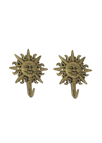 Set of 2 Cast Iron Gold Sun Face Decorative Wall Hooks Main image