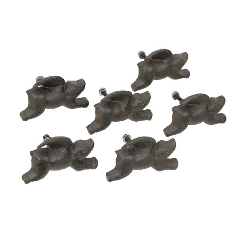 Set of 6 Cast Iron Flying Pig Drawer Pulls Decorative Cabinet Knobs Home Decor Main image