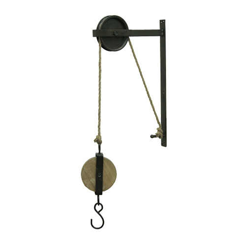 Rustic Vintage Style Metal and Wood Pulley and Hook Wall Hanging Main image