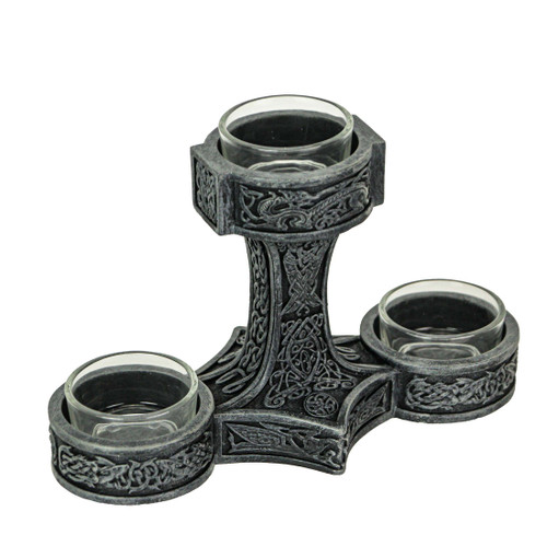 Norse Mythology Thor's Hammer Mjolnir Silver Finished Triple Tealight Candle Holder Main image