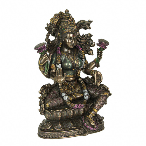 Bronze Finish Hindu Goddess Lakshmi On Lotus Statue 9.25 Inches High Main image