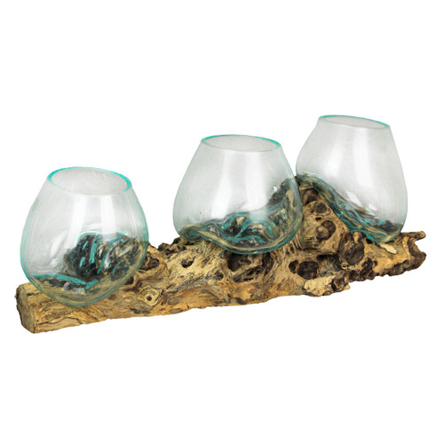 Driftwood Base Melted Glass Triple Vase Decorative Terrarium/Bowl/Vase Home Decor Main image