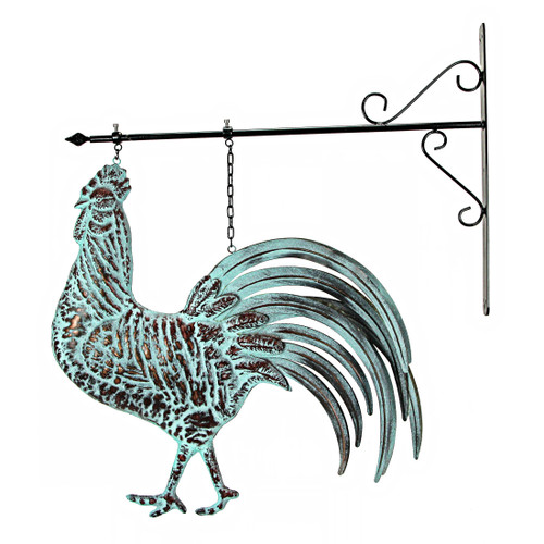 33.5 inch Verdigris Rooster Hanging Metal Wall Sculpture with Wall Bracket Main image
