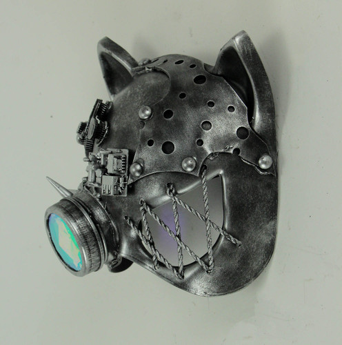Steamkpunk Cat Robot Kitty Halloween Mask with Light Refraction Monocle, Silver Additional image