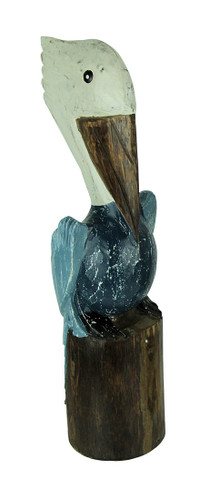 Blue Wood Coastal Pelican Perched On Nautical Piling Statue Main image