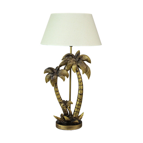 Antique Gold Finish Double Palm Tree Resin End Table Lamp With Shade Nightstand Light Main image
