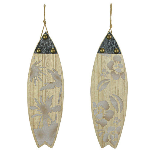 16 Inch Carved Wood & Metal Surfboard Wall Hanging Beach Home Decor Art Set of 2 Main image