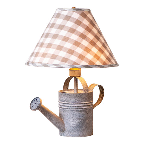 Irvins Country Tinware Watering Can Lamp in Weathered Zinc with Gray Check Shade Main image