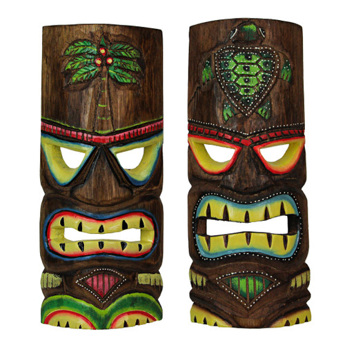 12 Inch Wood Hand Carved Tiki Mask Wall Art Palm Tree And Turtle Tropical Beach Home Decor Set of 2 Main image