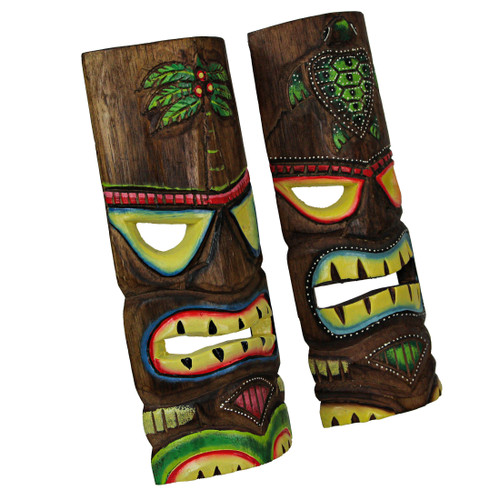 12 Inch Wood Hand Carved Tiki Mask Wall Art Palm Tree, Turtle Tropical Set of 2 Additional image