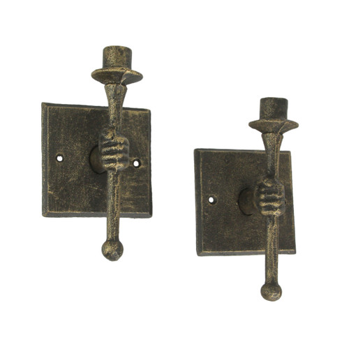 Set of 2 Antique Bronze Finish Cast Iron Torchbearer Wall Sconce Candle Holders Main image