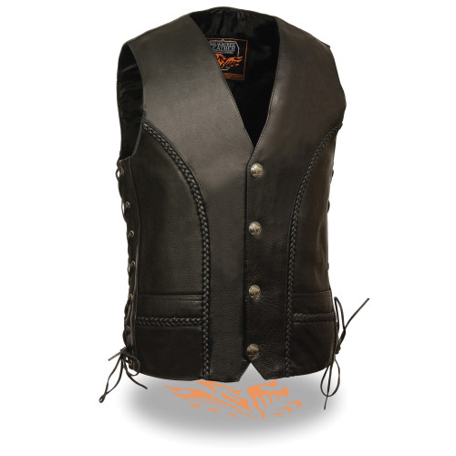 Mens Leather Braided Side Lace Vest with Buffalo Snaps Main image