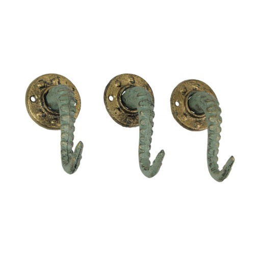 Verdigris Bronze Cast Iron Octopus Tentacle Wall Hook Nautical Decor Key Hanger Set of 3 Main image