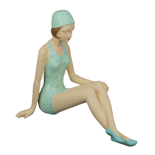 Retro Bathing Beauty Beach Girl Relaxing In Coral Pink Light Blue Polka Dot Swimsuit Statue Main image