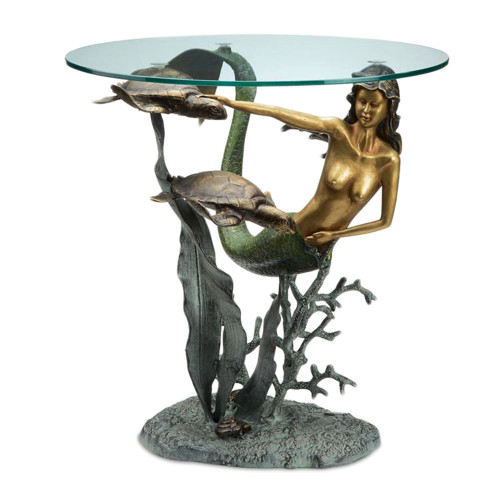 Bronze Finish Mermaid And Sea Turtles Glass Top End Table Main image