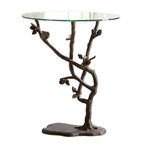 Glass Top Bird and Pinecone Metal End Table Main image