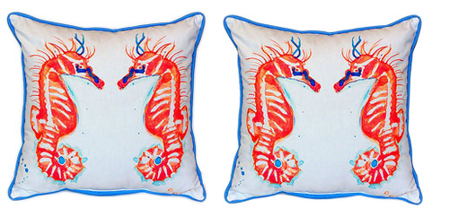 Pair of Betsy Drake Coral Sea Horses Large Indoor/Outdoor Pillows Main image