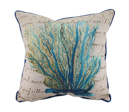 Betsy Drake Blue Coral Print Beige In/Outdoor Decorative Throw Pillow 18in. Main image