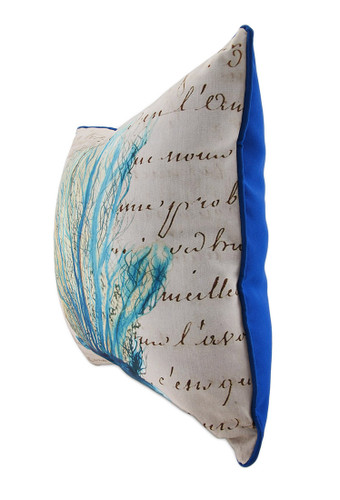 Betsy Drake Blue Coral Print Beige In/Outdoor Decorative Throw Pillow 18in. Additional image