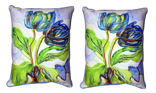 Pair of Betsy Drake Tulips & Morpho Butterfly Outdoor Pillows 20 Inch x 16 Inch Main image