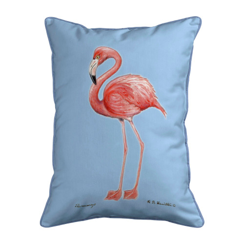 Betsy Drake Flamingo Light Blue Background Large Corded Indoor/Outdoor Pillow 16x20 Main image