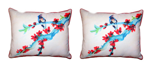 Pair Of Betsy Drake Red Buds & Bird Small Outdoor/Indoor Pillows 11 X 14 Main image