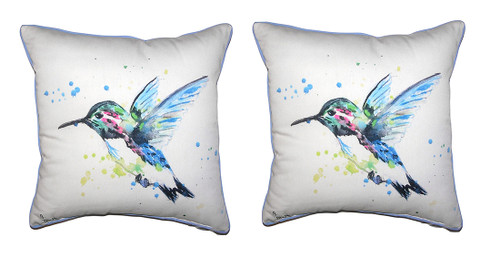 Pair Of Betsy Drake Green Hummingbird Large Indoor/Outdoor Pillows 18 X 18 Main image